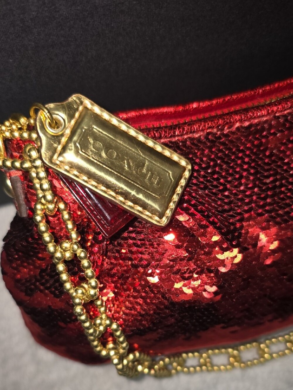 Coach Red Sequin Mini Shoulder Bag with Gold Chain - Picture 3 of 8